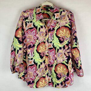 Ralph Lauren Womens Paisley Shirt XL Button Up 3/4 Sleeves Vintage Colorful